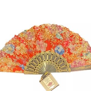 Vtg Chinese FABRIC FOLDING Hand
FAN Metallic Gold Asian Floral Very
Colorful NWT